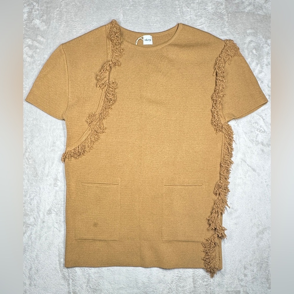 NWT Akep Italian Wool Blend Knit Fringe Boho Tan Brown Boxy Tunic Top 40 US S